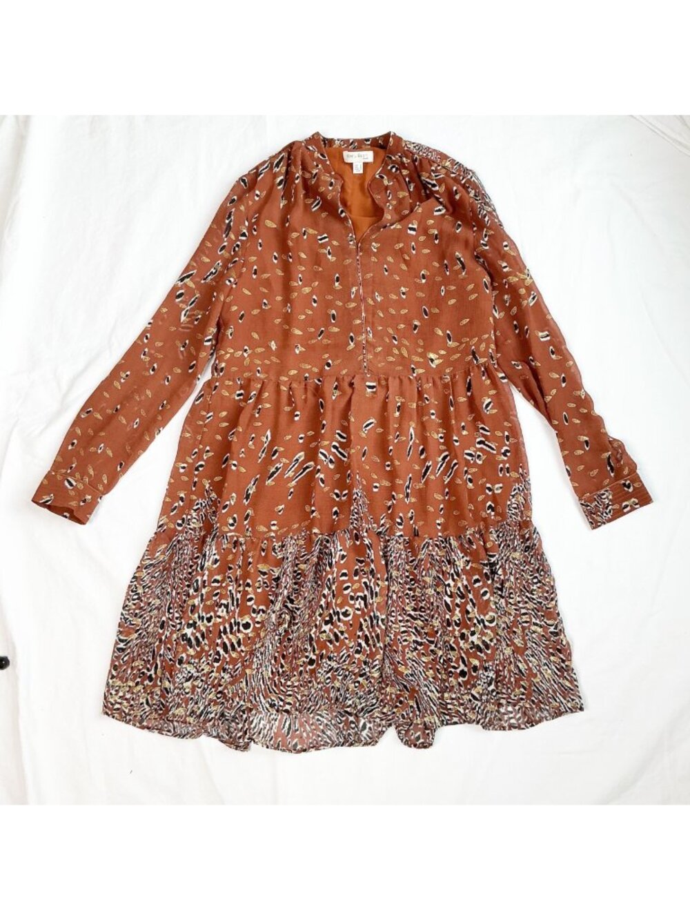See U Soon Womens Boho Brown Tiered Long Sleeve Dress Abstract Print - Size M